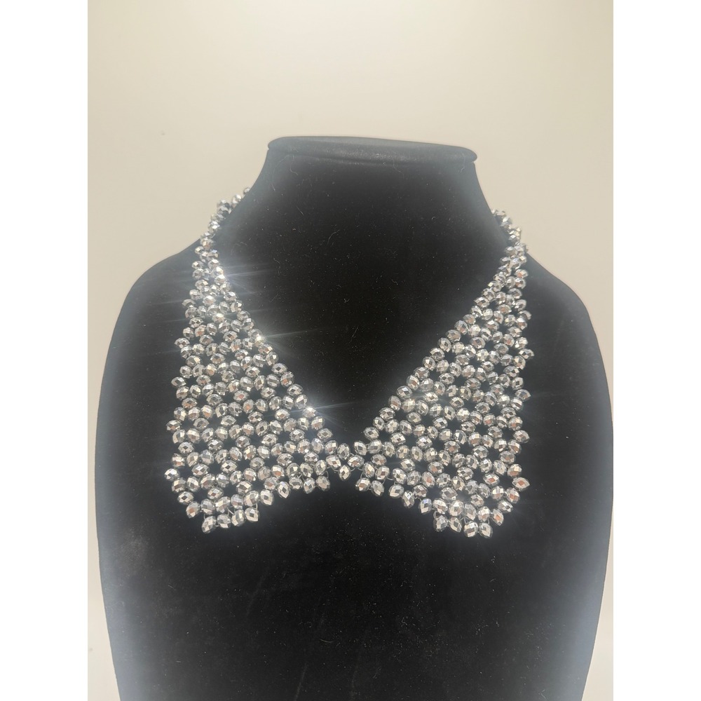 Metallic Silver Faceted Bead Statement Collar Bib Necklace Adjustable Clasp